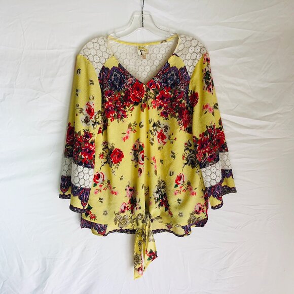 Fig and Flower Women's Plus Size 1X Floral Yellow Boho Peasant Blouse Top - Picture 1 of 7